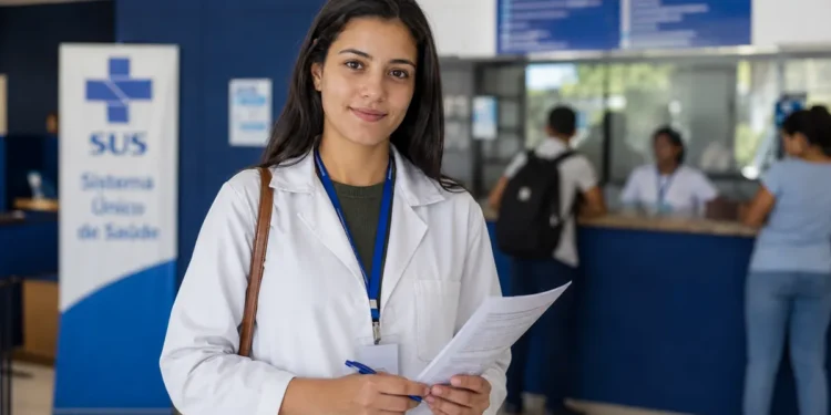 Candidata da área da saúde em ambiente de atendimento do SUS segurando formulário, representando a inscrição para programas de residência médica do Enare 2026/2027.