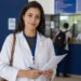 Candidata da área da saúde em ambiente de atendimento do SUS segurando formulário, representando a inscrição para programas de residência médica do Enare 2026/2027.
