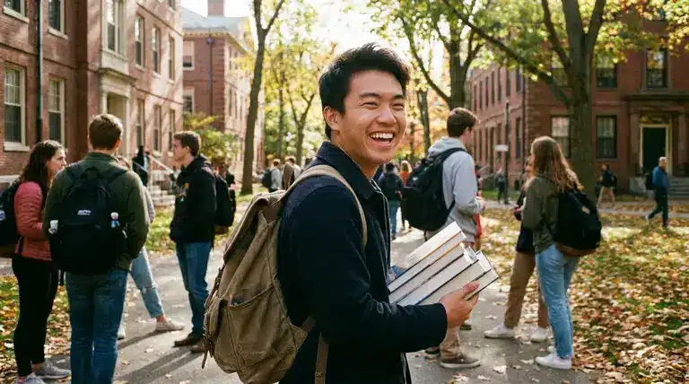 Estudante em ambiente universitário internacional simbolizando oportunidades de estudo no exterior com a nota do Enem.