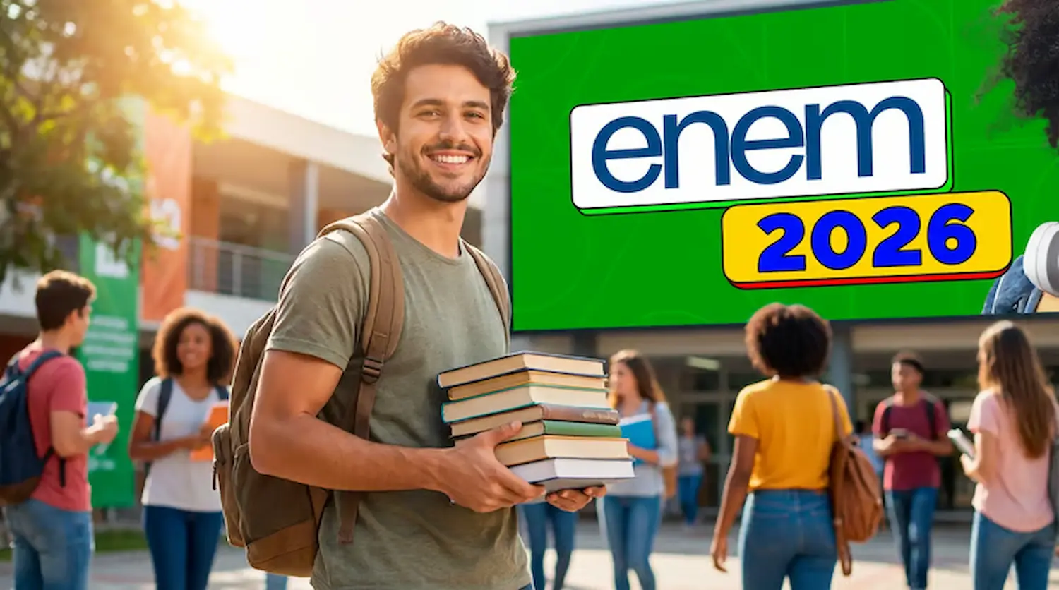 Estudante em campus universitário com destaque para Enem 2026 e acesso ao ensino superior.