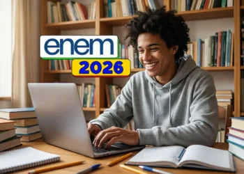 Estudante sorrindo usa notebook em biblioteca com chamada visual do Enem 2026.