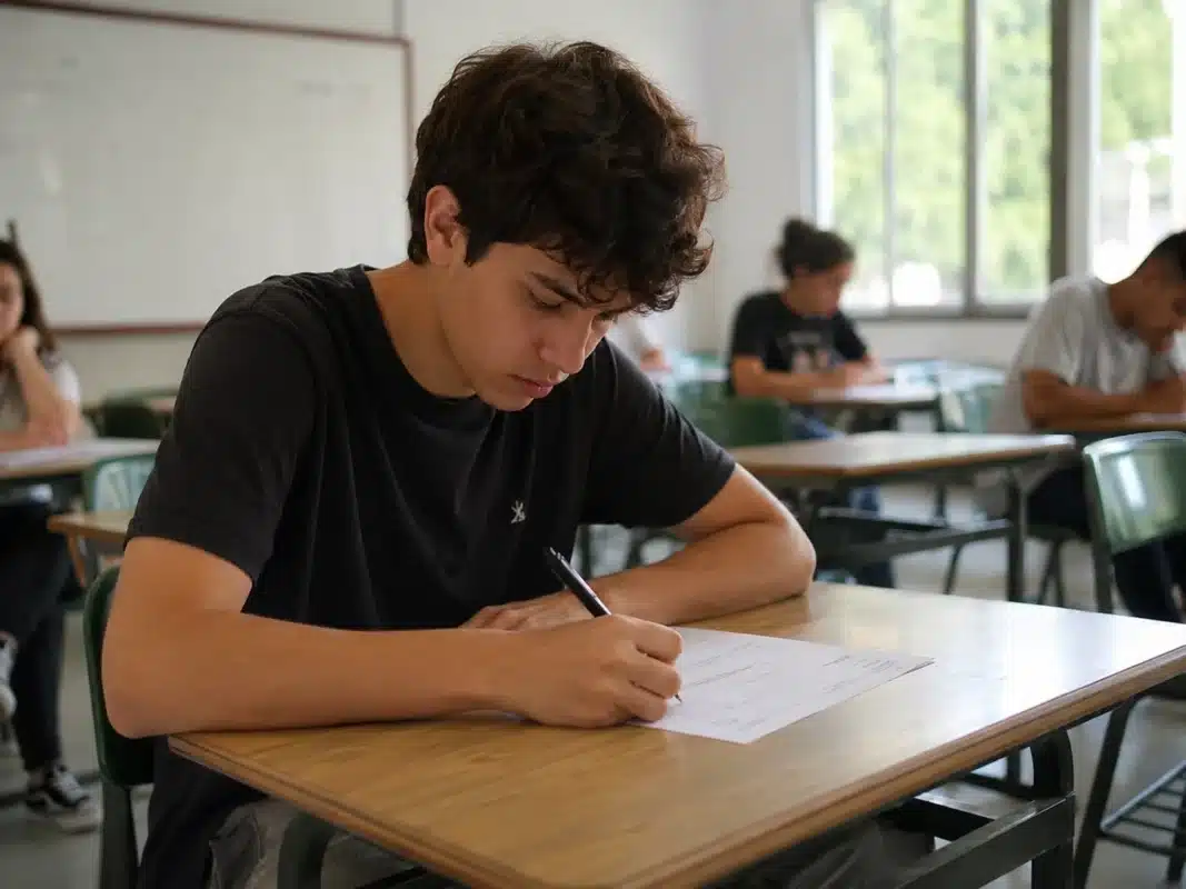 Estudante concentrado fazendo prova em sala de aula, representando candidatos com direito à isenção da taxa do Enem 2026.