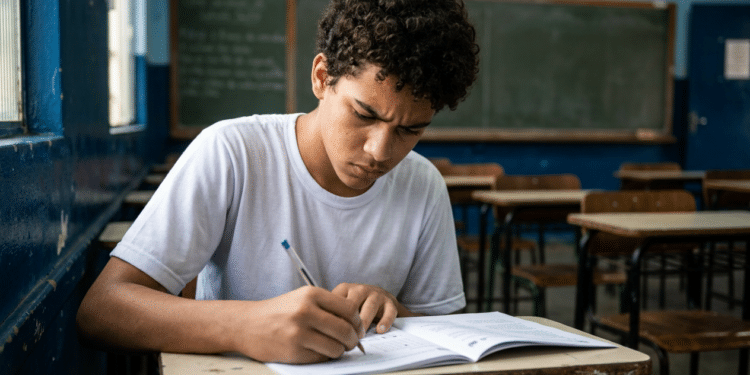 Adolescente concentrado escreve em apostila sobre carteira escolar em sala de aula