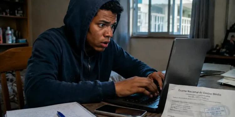 Jovem concentrado digitando no laptop, com expressão de preocupação, representando os golpes digitais durante o processo de inscrição no Enem 2026.