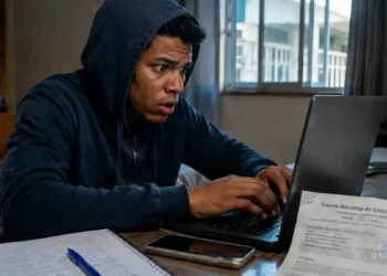 Jovem concentrado digitando no laptop, com expressão de preocupação, representando os golpes digitais durante o processo de inscrição no Enem 2026.