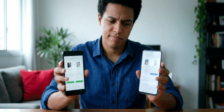 Homem compara preços e modelos de celular segurando dois smartphones, um em cada mão