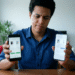 Homem compara preços e modelos de celular segurando dois smartphones, um em cada mão