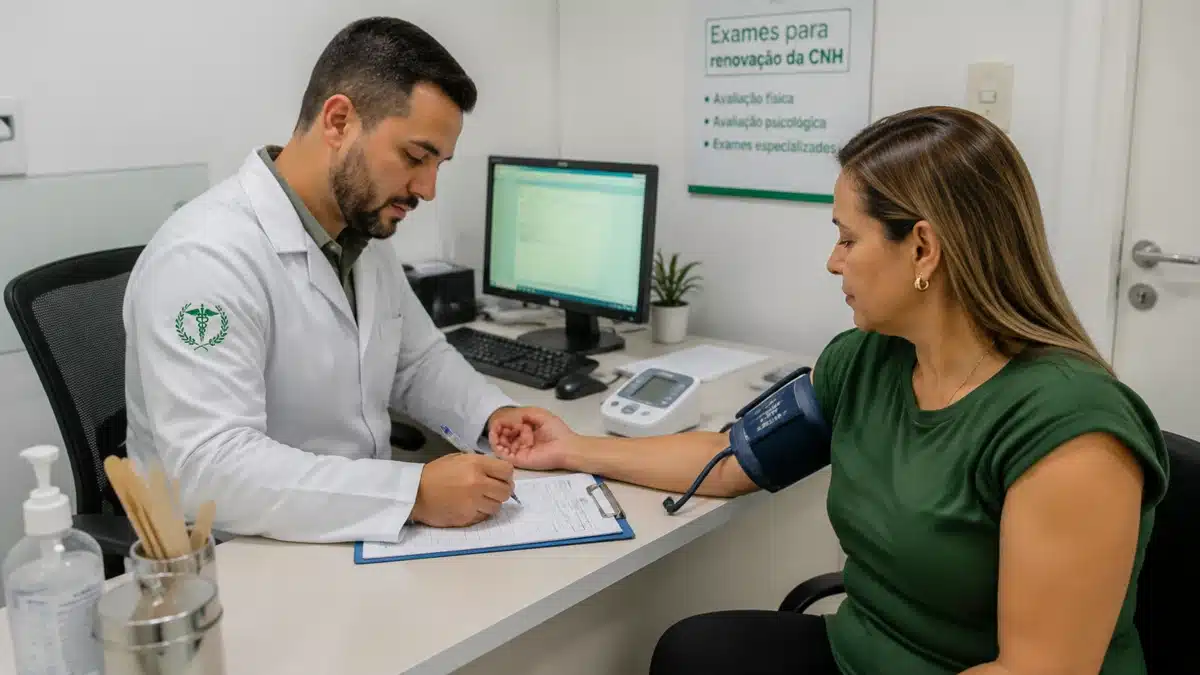 Paciente realizando exame médico para renovação de CNH com avaliação de pressão arterial em consultório, com médico perito preenchendo documentação.