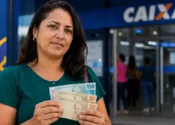 Mulher segurando cédulas de dinheiro em frente a uma agência da Caixa, simbolizando a liberação do FGTS no valor de R$ 900 disponível até 30 de junho