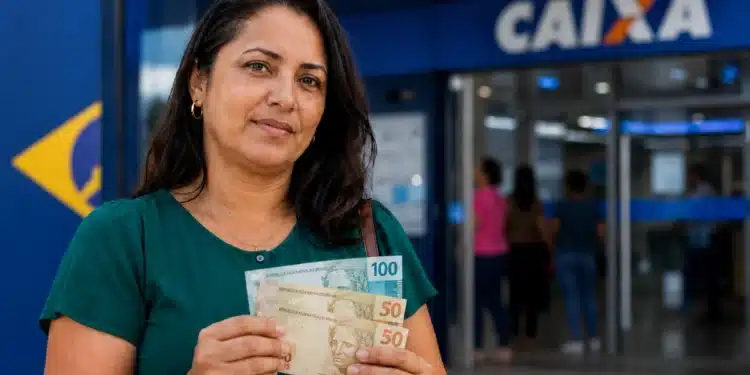 Mulher segurando cédulas de dinheiro em frente a uma agência da Caixa, simbolizando a liberação do FGTS no valor de R$ 900 disponível até 30 de junho