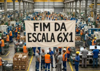 Fábrica com trabalhadores e faixa sobre o fim da escala 6x1.