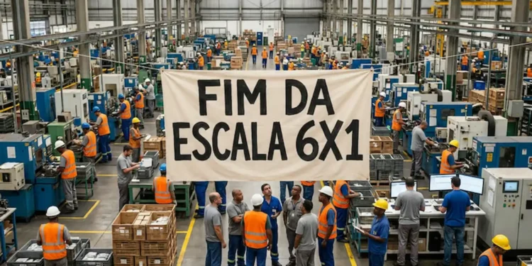 Fábrica com trabalhadores e faixa sobre o fim da escala 6x1.