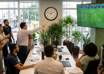 Equipe de escritório assiste a um jogo da Seleção Brasileira na TV durante o expediente