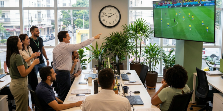 Equipe de escritório assiste a um jogo da Seleção Brasileira na TV durante o expediente