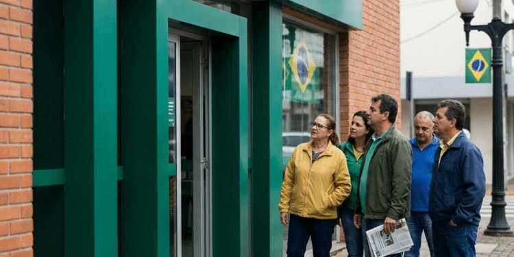 Grupo de pessoas em frente à porta de uma agência bancária, com bandeiras do Brasil na rua