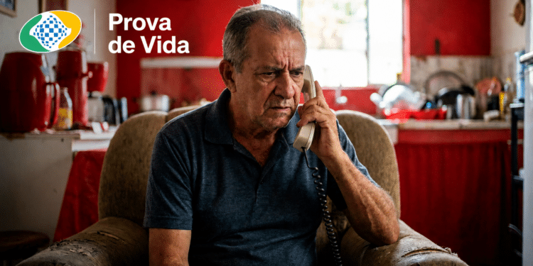 Idoso preocupado atende ligação em telefone fixo, representando o golpe da Prova de Vida do INSS aplicado por telefone.