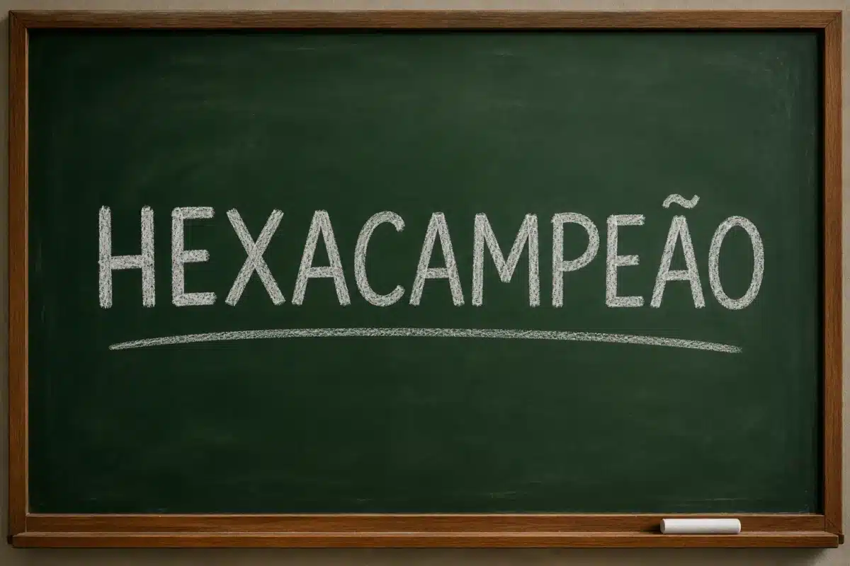 Origem do prefixo “hexa-” e seu significado no português Lousa verde com a palavra “HEXACAMPEÃO” escrita em giz, representando a origem do prefixo “hexa-” ligado ao número seis
