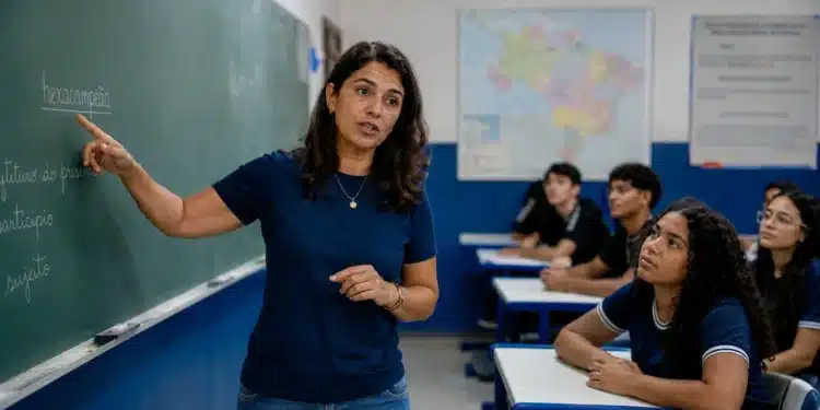 Professora explicando em sala de aula a forma correta entre hexacampeão e hexa-campeão no português