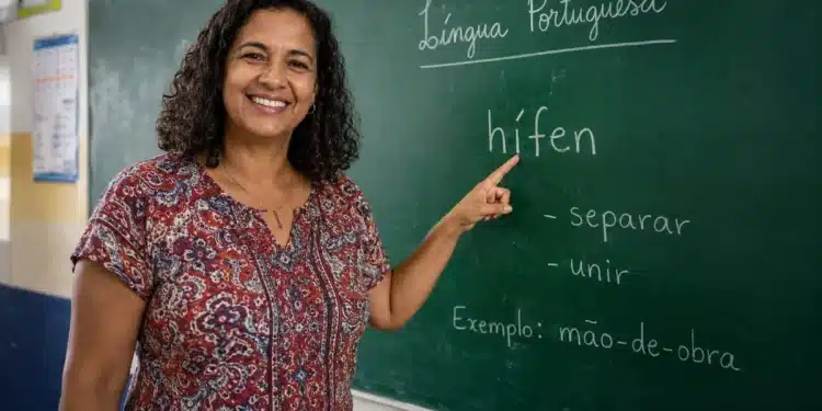 Professora brasileira apontando para o quadro com a palavra “hífen” em sala de aula