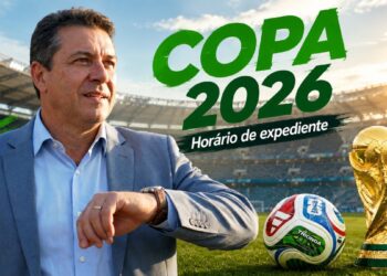 Arte da Copa 2026 sobre o horário de expediente do serviço público federal nos dias de jogos do Brasil