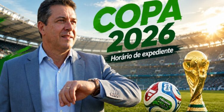 Arte da Copa 2026 sobre o horário de expediente do serviço público federal nos dias de jogos do Brasil