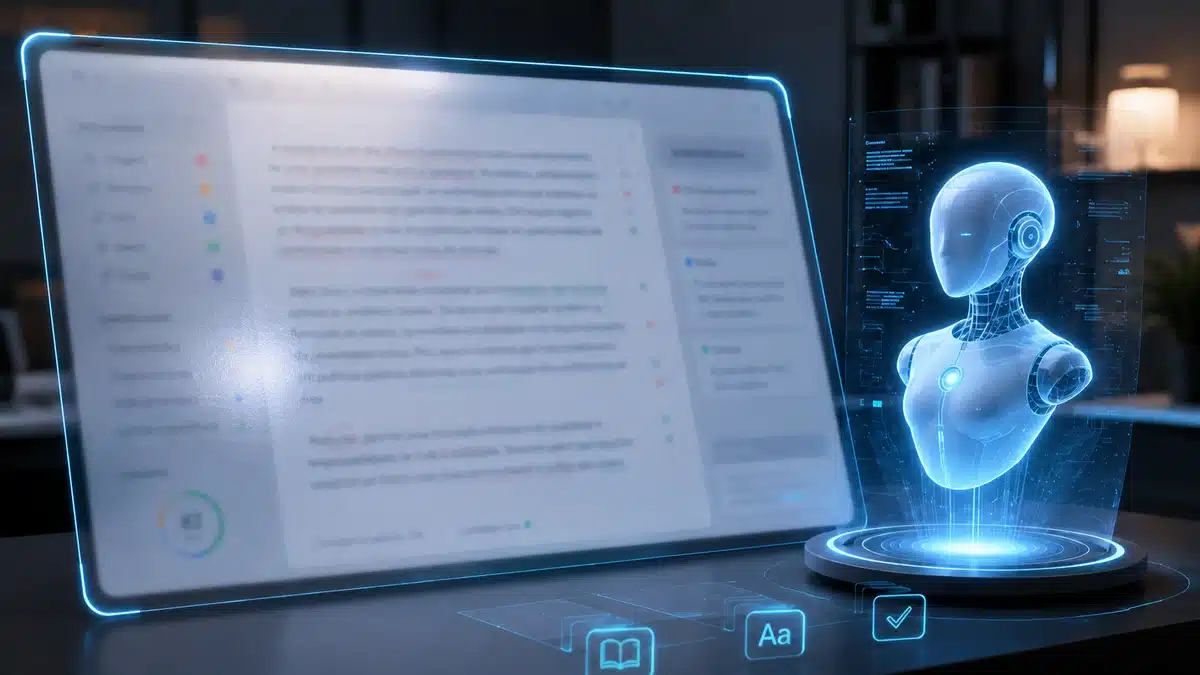 nterface de inteligência artificial analisa redação digital com sugestões de correção e painel tecnológico.