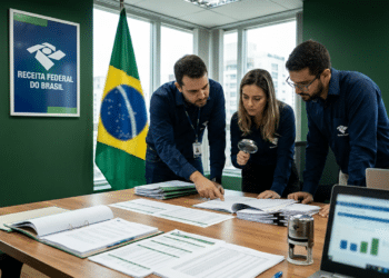 Equipe da Receita Federal analisa documentos e planilhas com lupa em escritório com bandeira do Brasil