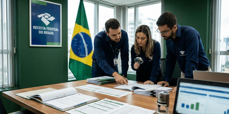 Equipe da Receita Federal analisa documentos e planilhas com lupa em escritório com bandeira do Brasil