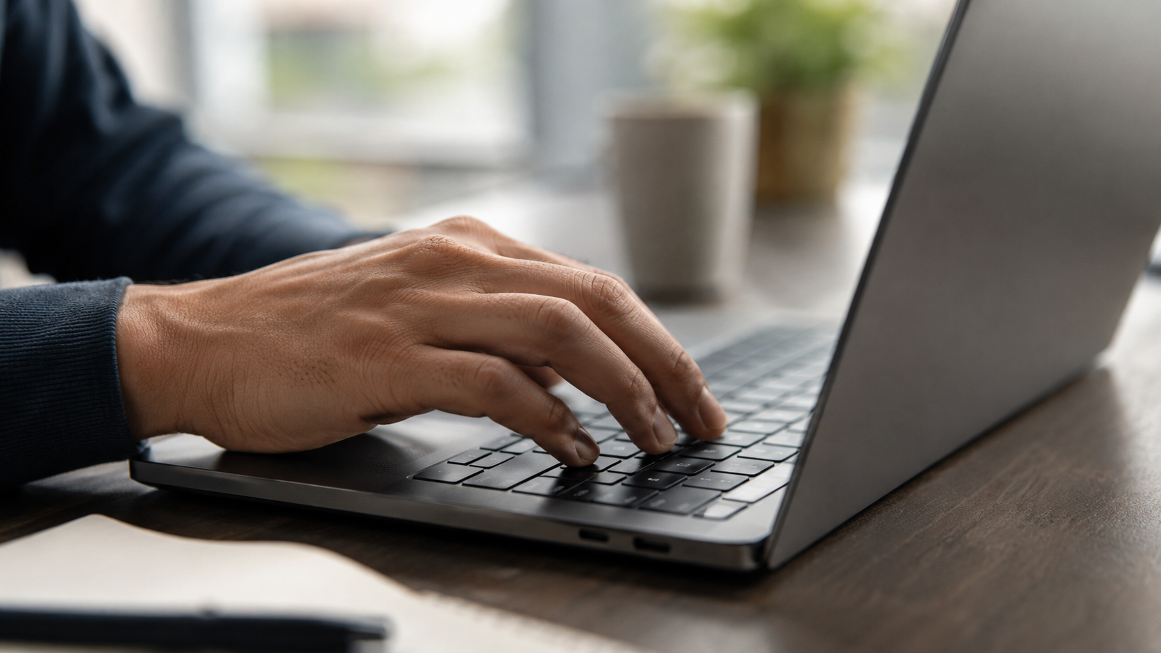Mão masculina digitando em notebook preto sobre mesa de madeira ao lado de caneca desfocada.