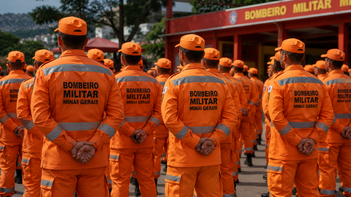 Bombeiros militares de Minas Gerais fardados de costas durante formação, representando concursos do CBMMG com inscrições até 17 de junho.