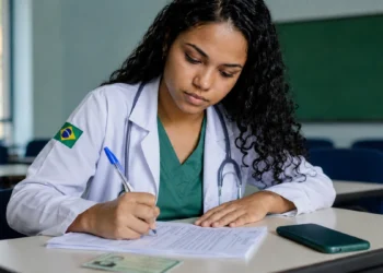 Médica brasileira escrevendo em uma sala de aula, com celular e documento sobre a mesa, representando a inscrição para o Enamed 2026.