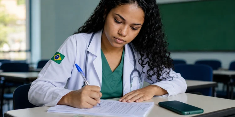 Médica brasileira escrevendo em uma sala de aula, com celular e documento sobre a mesa, representando a inscrição para o Enamed 2026.