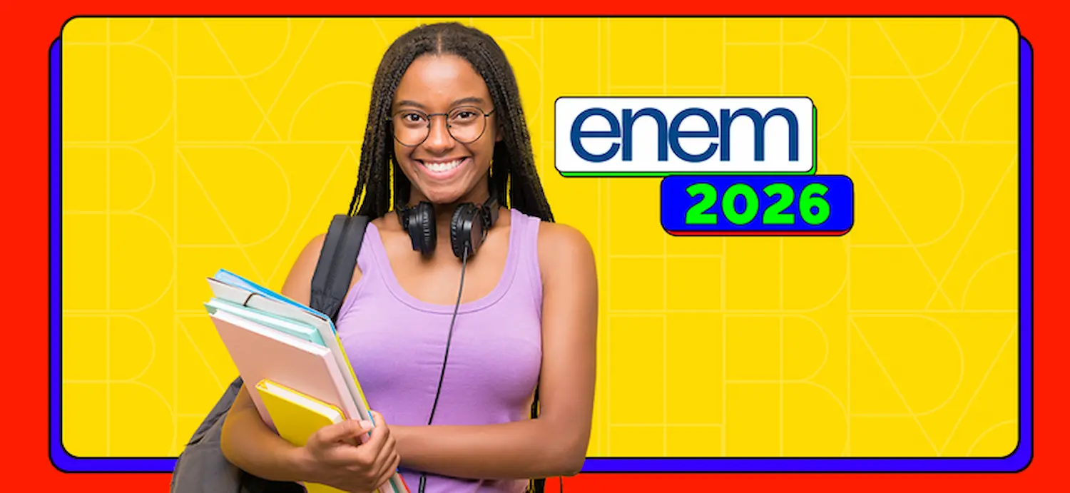 Estudante com livros em arte do Enem 2026 sobre prazo de inscrição para isentos da taxa.