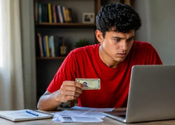 Jovem estudante brasileiro de 18 anos segurando o RG, concentrado no laptop, representando a inscrição no Enem 2026.