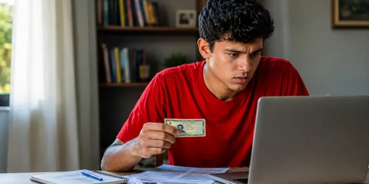 Jovem estudante brasileiro de 18 anos segurando o RG, concentrado no laptop, representando a inscrição no Enem 2026.