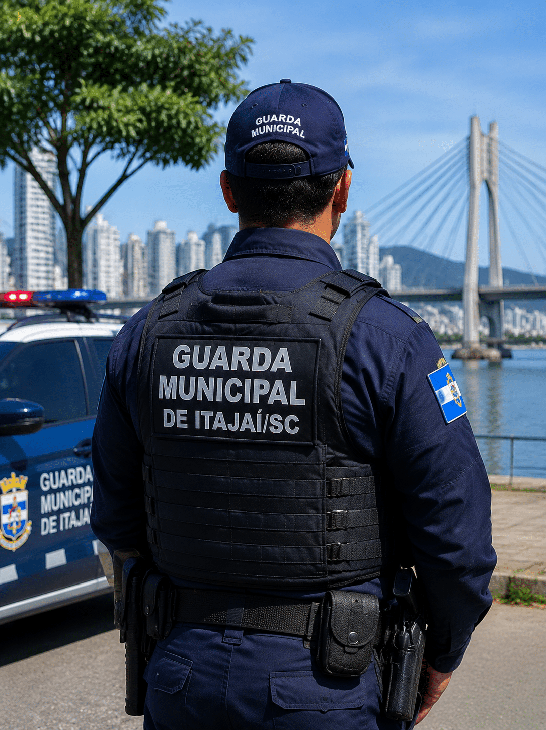Guarda Municipal de Itajaí de costas, usando colete tático azul-marinho, observando ponte estaiada e skyline de prédios.