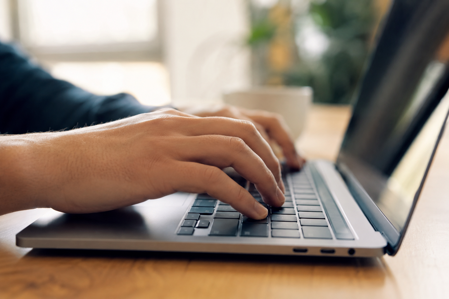 Mão digitando em notebook, representando inscrição online para concurso da Prefeitura de Boa Esperança do Iguaçu-PR.