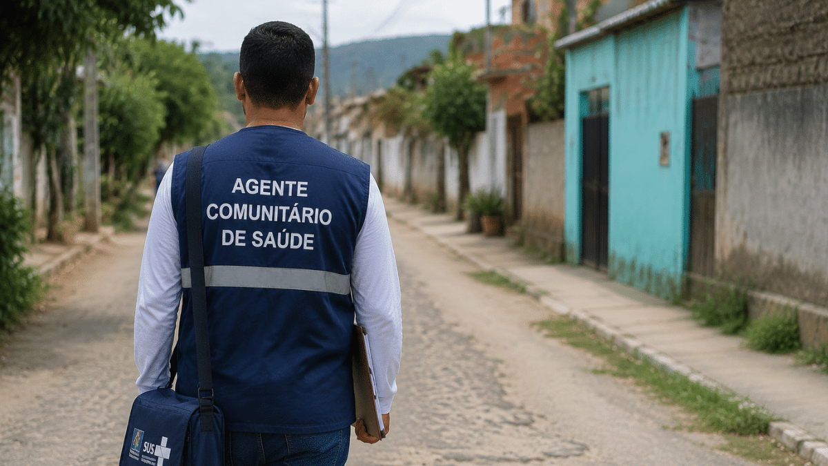 Agente comunitário de saúde caminhando em rua residencial durante trabalho de campo.