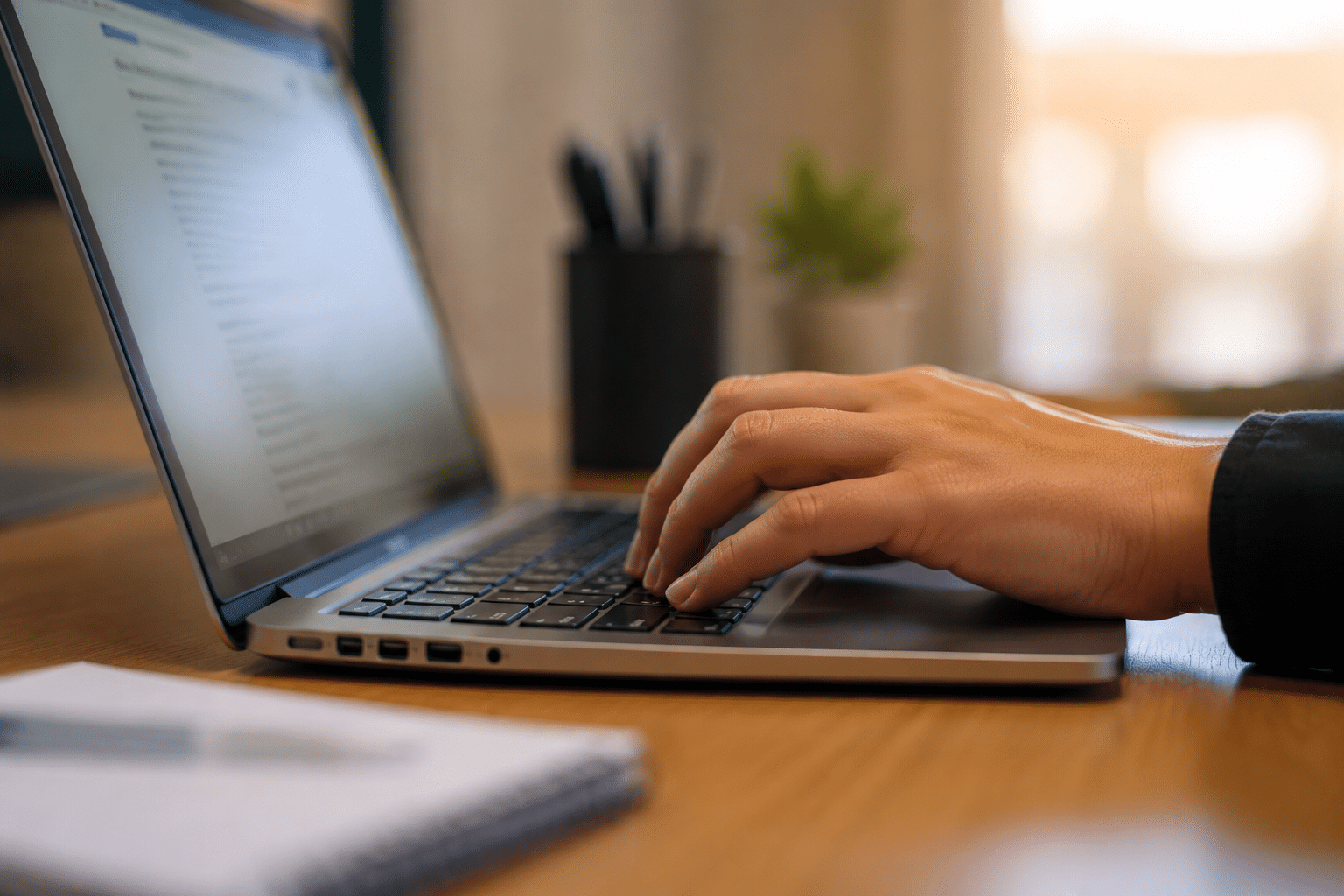 Mão direita digitando em teclado de laptop cinza sobre mesa de madeira com porta-canetas e planta ao fundo.