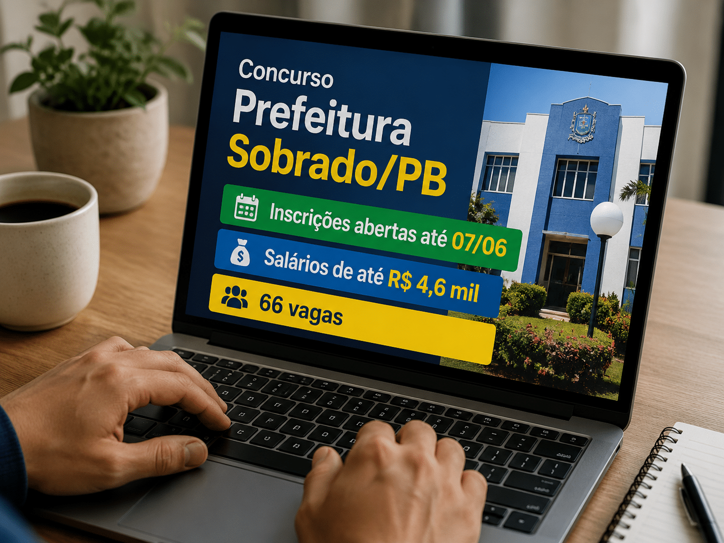 Pessoa digitando em notebook com informações do concurso de Sobrado-PB: 66 vagas, inscrições até 07/06, salários até R$ 4,6 mil.