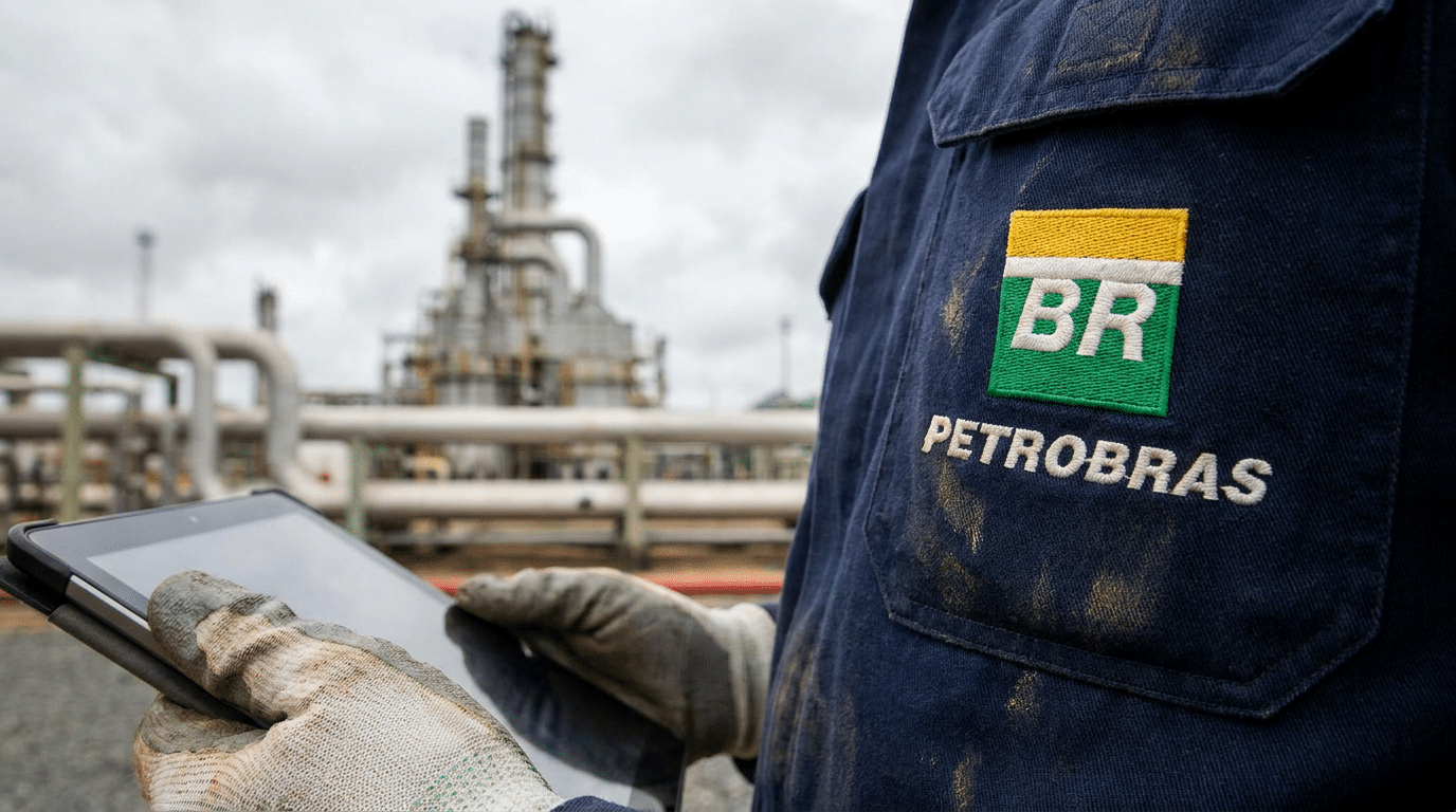 Trabalhador com uniforme azul marinho da Petrobras usa tablet com luvas sujas em frente a tubulações de refinaria.