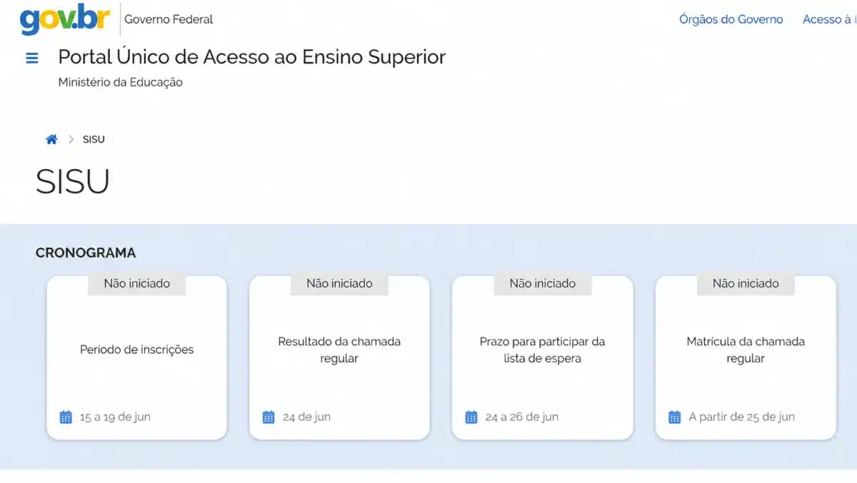 Tela do Portal de Acesso Único com cronograma do Sisu+ 2026, destacando o período de inscrições de 15 a 19 de junho.