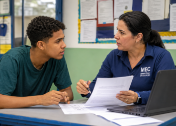 Estudante recebe orientação sobre inscrições do Sisu+ 2026 em ambiente escolar, com papéis e notebook sobre a mesa.