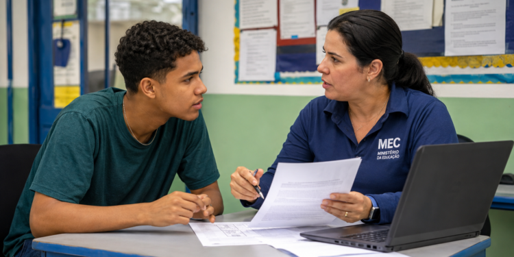 Estudante recebe orientação sobre inscrições do Sisu+ 2026 em ambiente escolar, com papéis e notebook sobre a mesa.