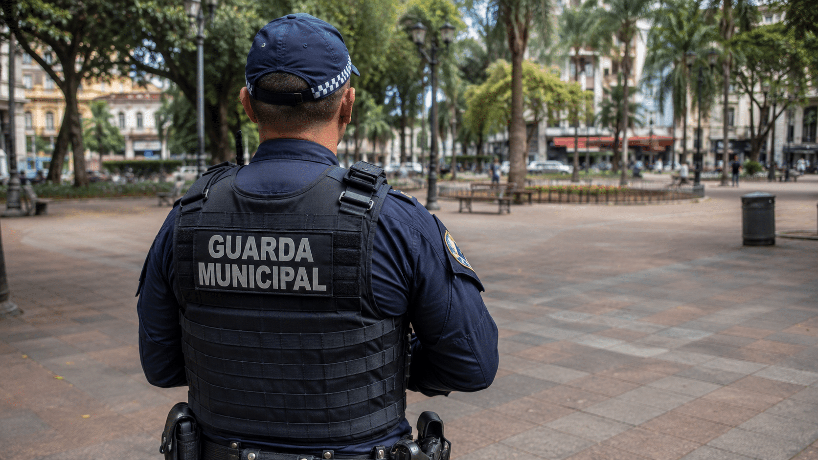 Agente da Guarda Municipal de costas observa praça arborizada com bancos e pessoas ao fundo.