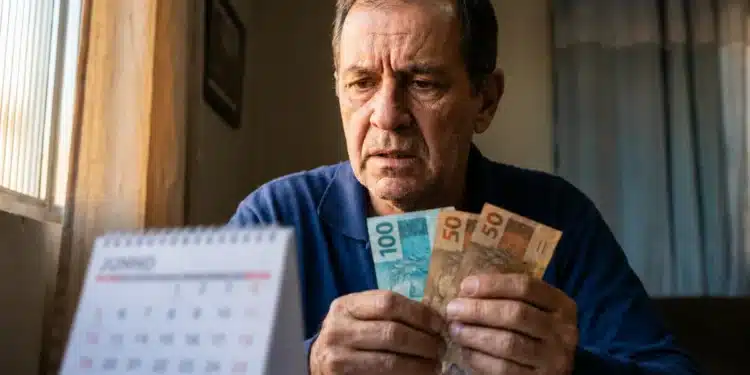 Homem segurando cédulas, olhando para o calendário, representando o fim do adicional de 50% no benefício do INSS em junho.