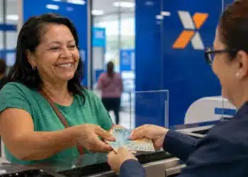 Mulher recebe cédulas de reais durante atendimento bancário, representando o pagamento do INSS de até R$ 8.475,55.