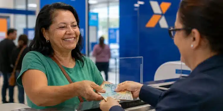 Mulher recebe cédulas de reais durante atendimento bancário, representando o pagamento do INSS de até R$ 8.475,55.