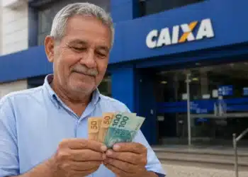 Aposentado brasileiro segurando dinheiro em frente à agência da Caixa Econômica Federal, representando o início dos pagamentos do INSS em 24 de junho.
