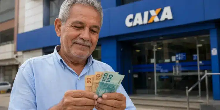 Aposentado brasileiro segurando dinheiro em frente à agência da Caixa Econômica Federal, representando o início dos pagamentos do INSS em 24 de junho.